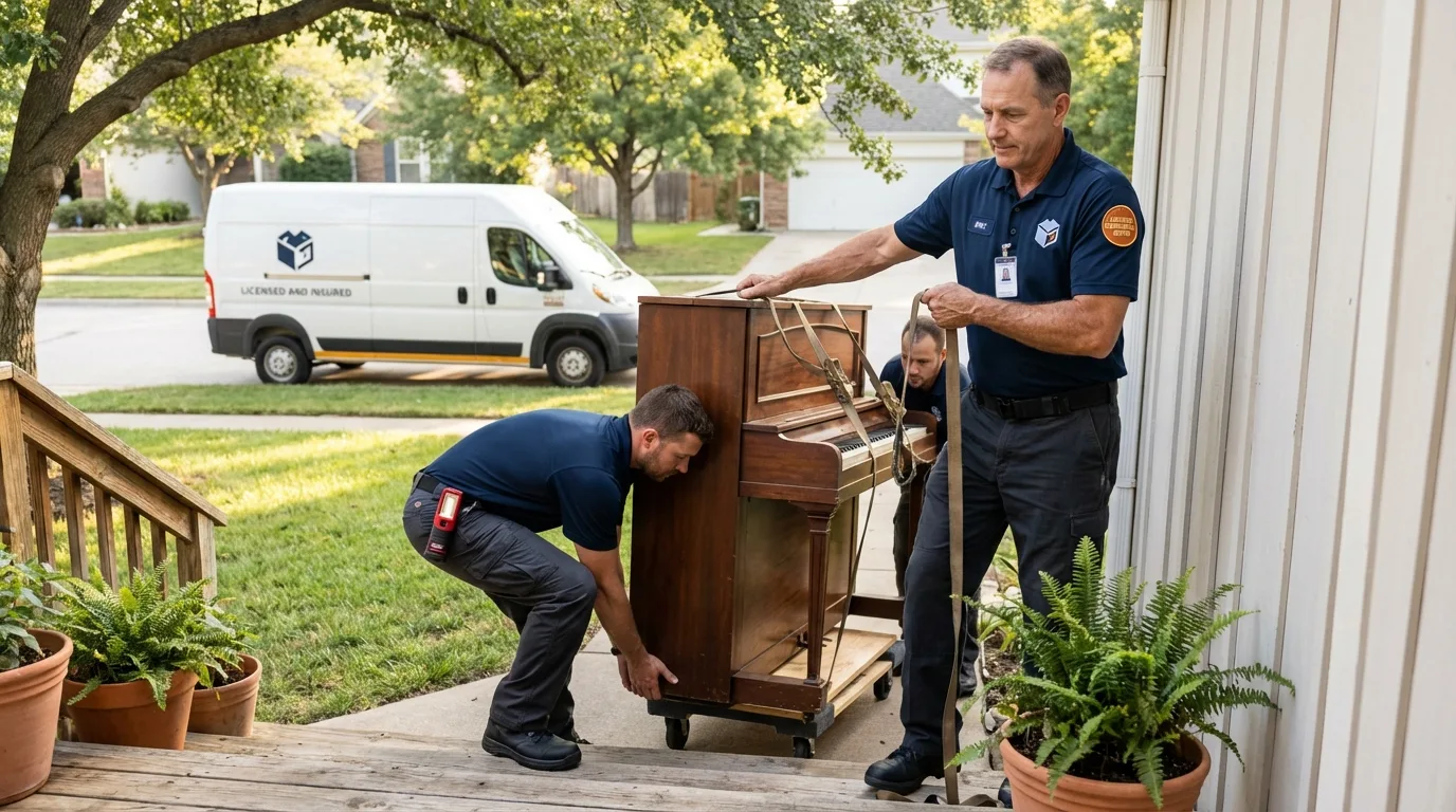 Licensed piano movers securing grand piano in Ninety Six, SC