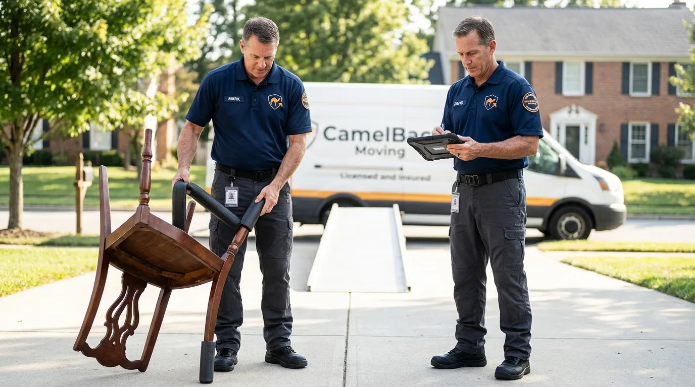 Movers inspecting furniture for damage prevention before loading in Ninety Six, SC