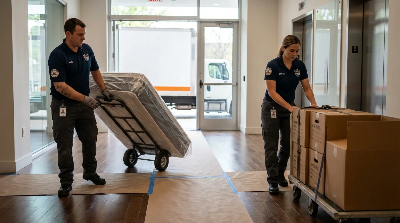 Professional apartment movers loading elevator in Ninety Six, SC